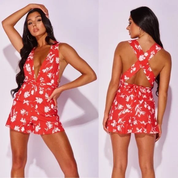 Pants - Red Floral Print Sleeveless V-Neck Backless Open Back Romper Playsuit